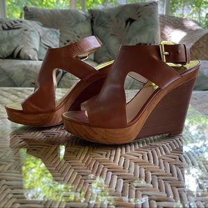 Chestnut Brown Leather Wedges, Size 7